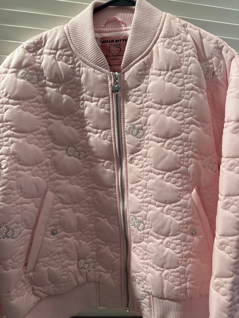 Hello Kitty Light Pink Quilted Puffer Jacket with Rhinestone Bows
